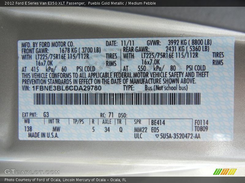 2012 E Series Van E350 XLT Passenger Pueblo Gold Metallic Color Code G3