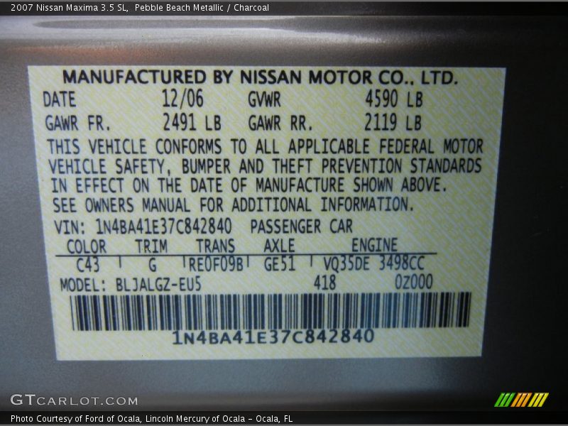 Pebble Beach Metallic / Charcoal 2007 Nissan Maxima 3.5 SL