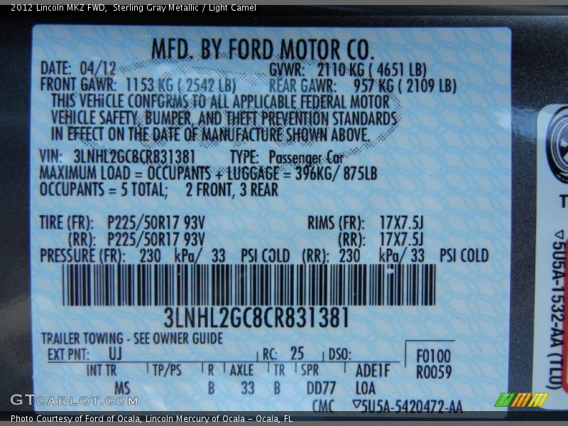 Sterling Gray Metallic / Light Camel 2012 Lincoln MKZ FWD