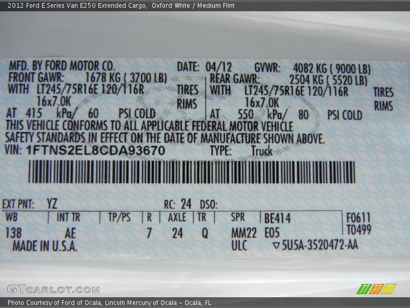 Oxford White / Medium Flint 2012 Ford E Series Van E250 Extended Cargo