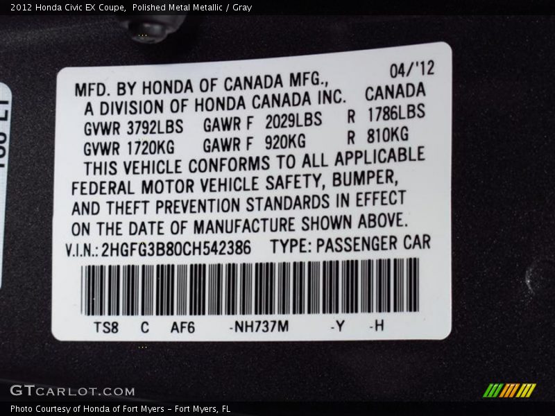 Polished Metal Metallic / Gray 2012 Honda Civic EX Coupe