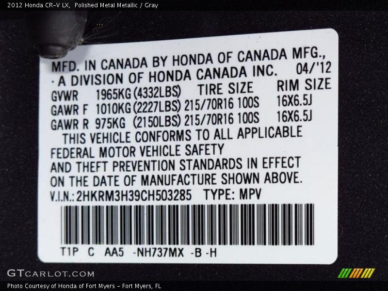 Polished Metal Metallic / Gray 2012 Honda CR-V LX