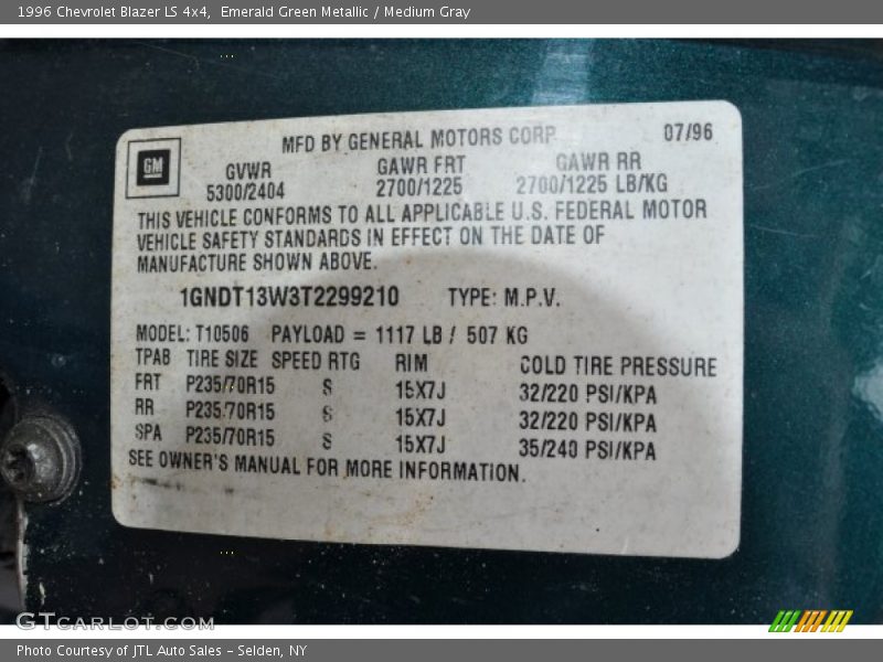 Emerald Green Metallic / Medium Gray 1996 Chevrolet Blazer LS 4x4