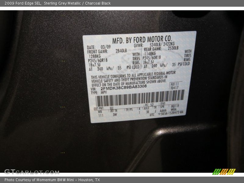 Sterling Grey Metallic / Charcoal Black 2009 Ford Edge SEL