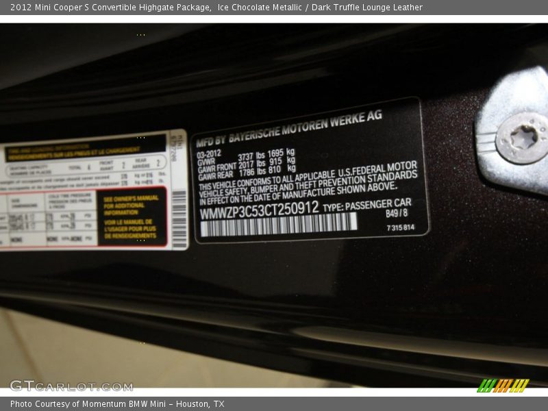 2012 Cooper S Convertible Highgate Package Ice Chocolate Metallic Color Code B49
