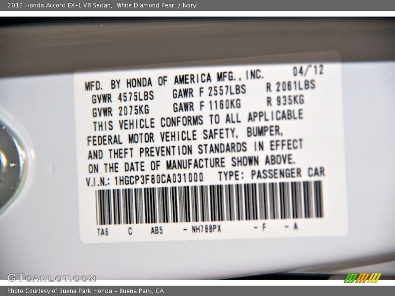 White Diamond Pearl / Ivory 2012 Honda Accord EX-L V6 Sedan