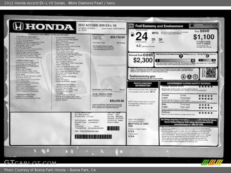 White Diamond Pearl / Ivory 2012 Honda Accord EX-L V6 Sedan