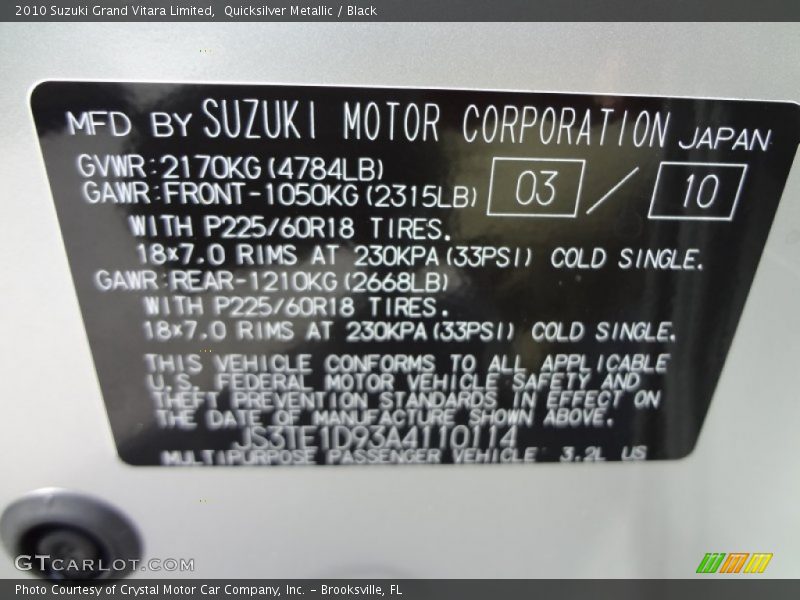 Quicksilver Metallic / Black 2010 Suzuki Grand Vitara Limited