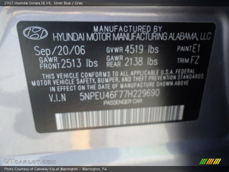 Silver Blue / Gray 2007 Hyundai Sonata SE V6