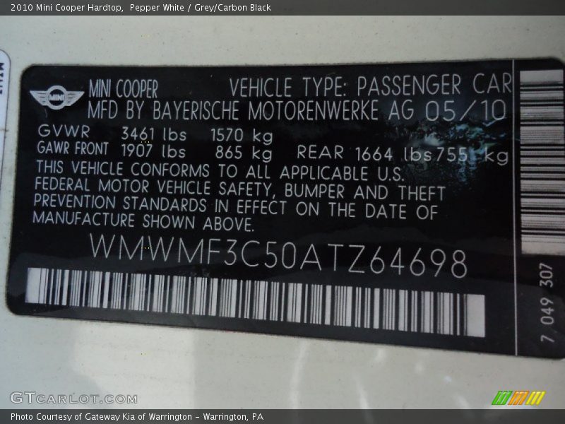 Pepper White / Grey/Carbon Black 2010 Mini Cooper Hardtop