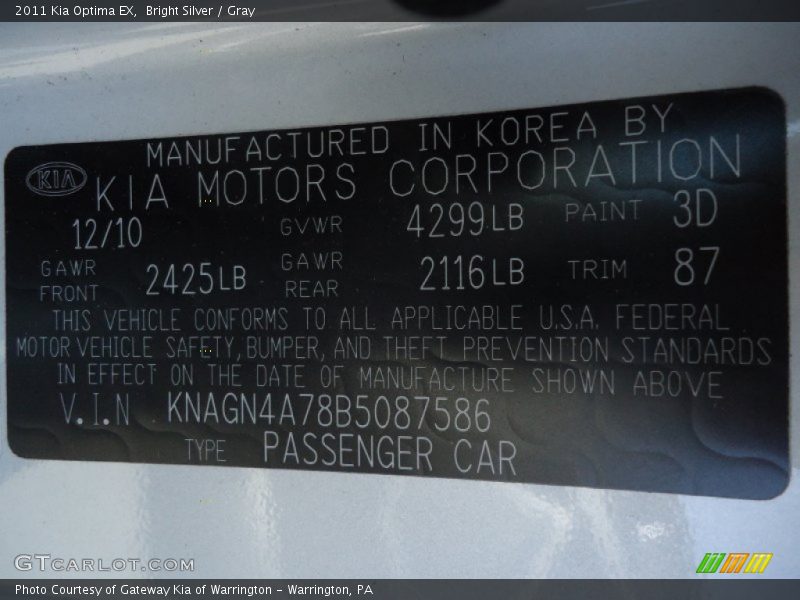 Bright Silver / Gray 2011 Kia Optima EX