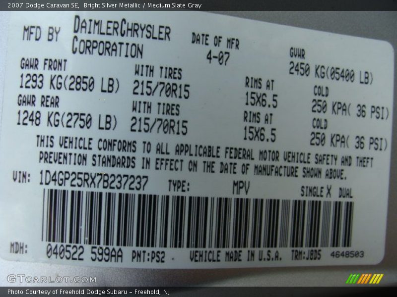 Bright Silver Metallic / Medium Slate Gray 2007 Dodge Caravan SE