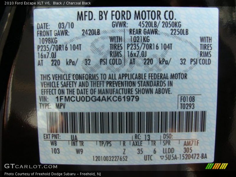 Black / Charcoal Black 2010 Ford Escape XLT V6
