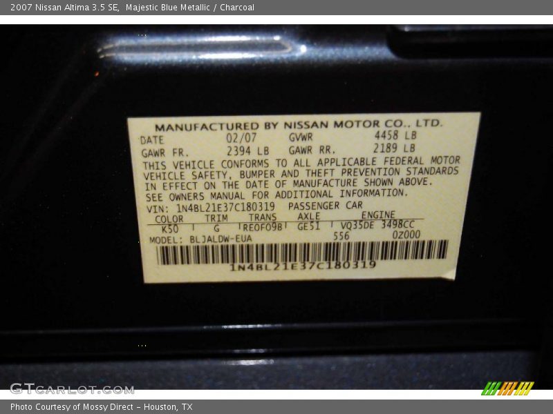 Majestic Blue Metallic / Charcoal 2007 Nissan Altima 3.5 SE
