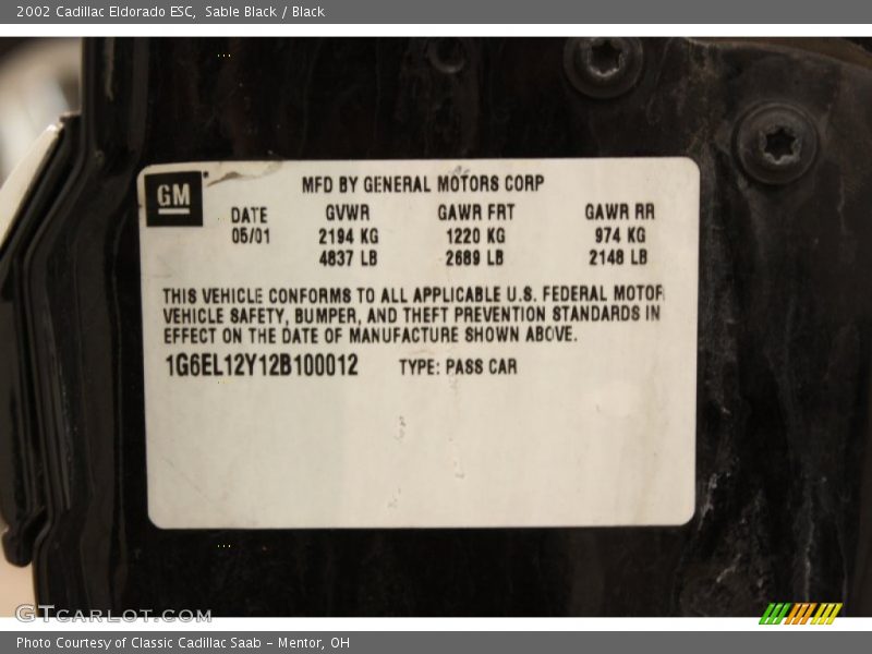 Sable Black / Black 2002 Cadillac Eldorado ESC