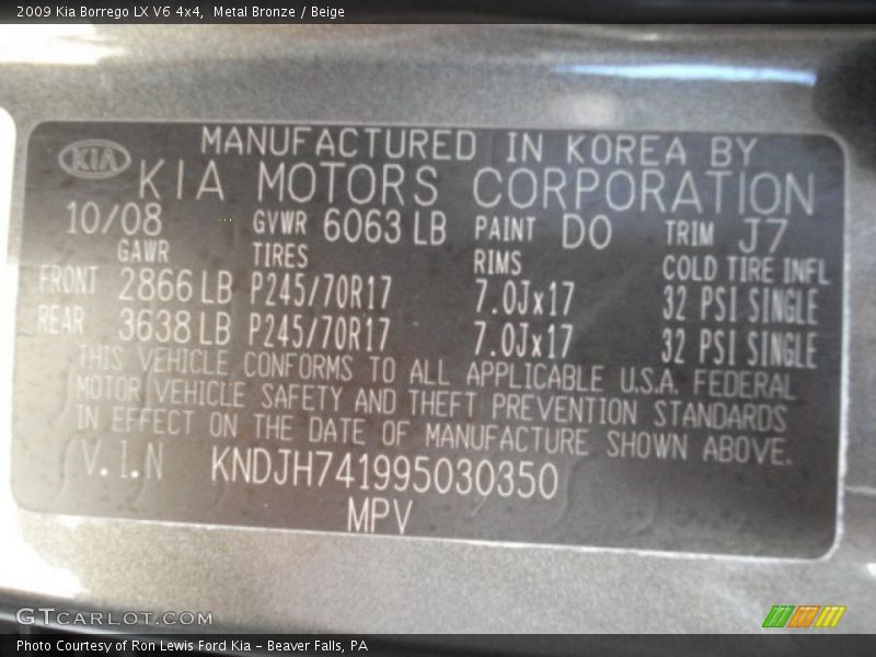 Metal Bronze / Beige 2009 Kia Borrego LX V6 4x4