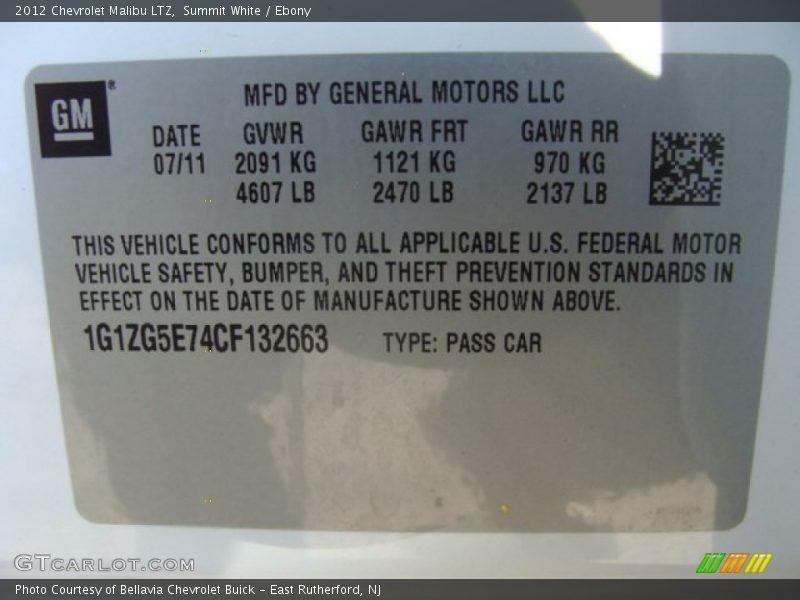 Summit White / Ebony 2012 Chevrolet Malibu LTZ