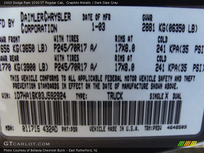 Graphite Metallic / Dark Slate Gray 2003 Dodge Ram 1500 ST Regular Cab
