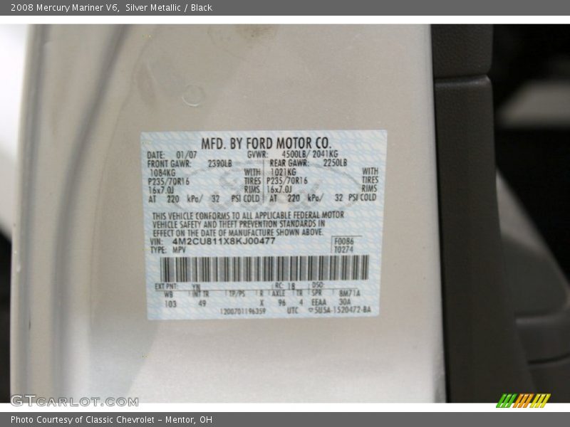 Silver Metallic / Black 2008 Mercury Mariner V6