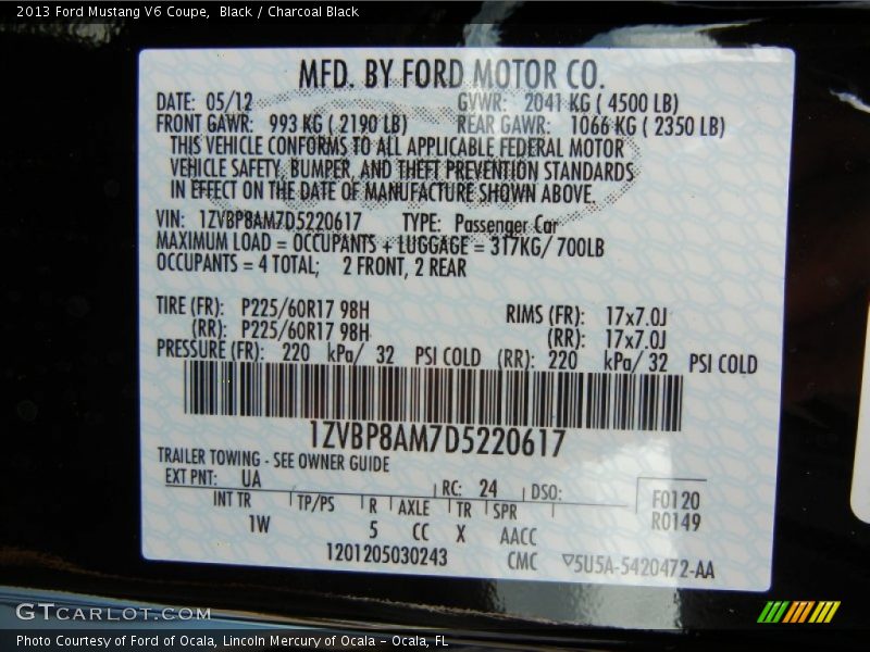2013 Mustang V6 Coupe Black Color Code UA