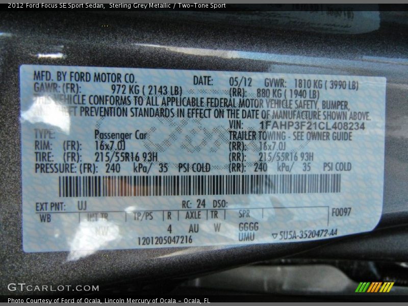 2012 Focus SE Sport Sedan Sterling Grey Metallic Color Code UJ