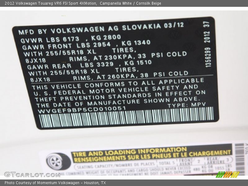 Campanella White / Cornsilk Beige 2012 Volkswagen Touareg VR6 FSI Sport 4XMotion