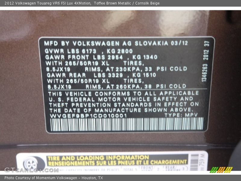 Toffee Brown Metallic / Cornsilk Beige 2012 Volkswagen Touareg VR6 FSI Lux 4XMotion