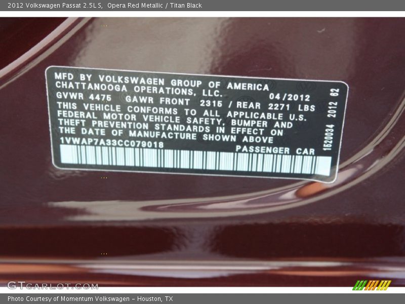 Opera Red Metallic / Titan Black 2012 Volkswagen Passat 2.5L S