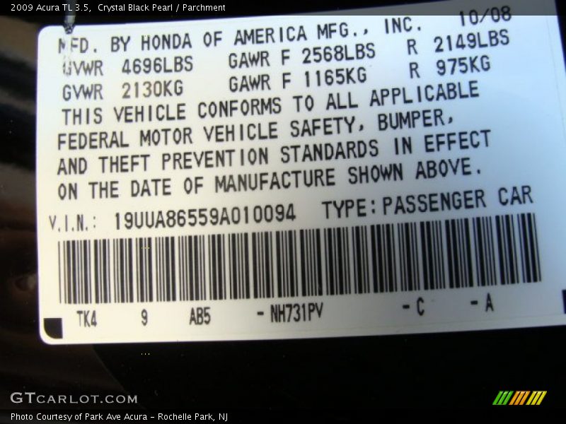 Crystal Black Pearl / Parchment 2009 Acura TL 3.5