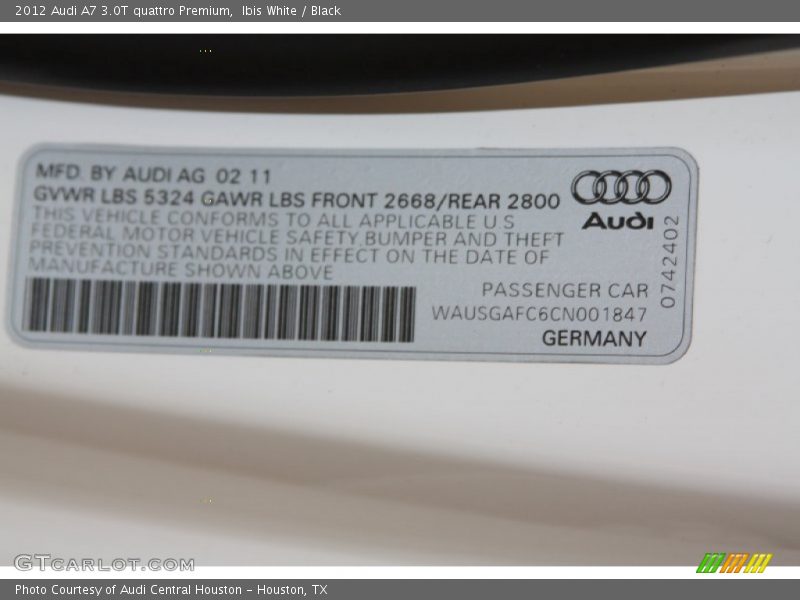 Ibis White / Black 2012 Audi A7 3.0T quattro Premium