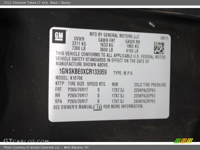 Black / Ebony 2012 Chevrolet Tahoe LT 4x4