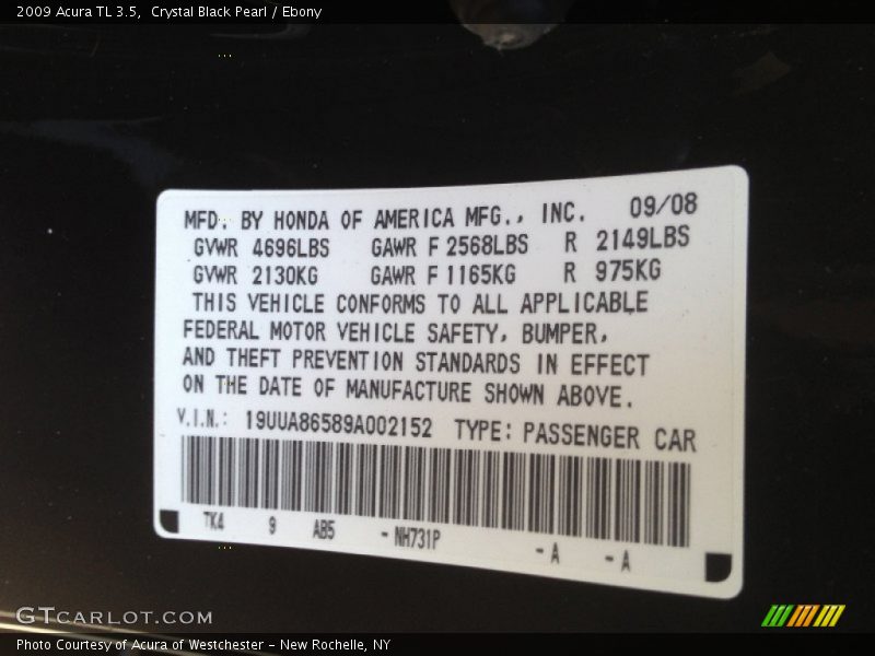 Crystal Black Pearl / Ebony 2009 Acura TL 3.5