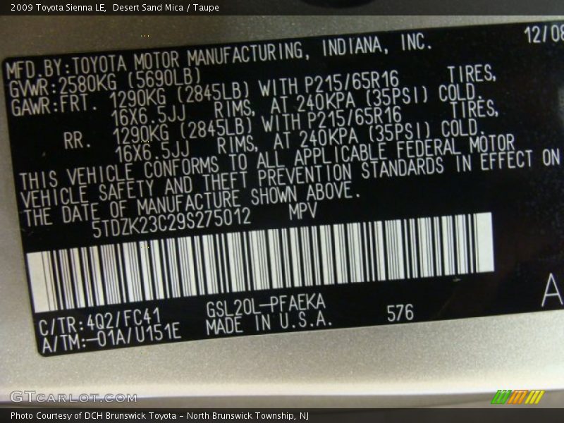 Desert Sand Mica / Taupe 2009 Toyota Sienna LE