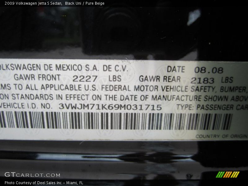 Black Uni / Pure Beige 2009 Volkswagen Jetta S Sedan
