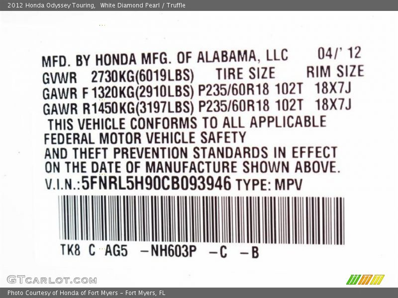 White Diamond Pearl / Truffle 2012 Honda Odyssey Touring