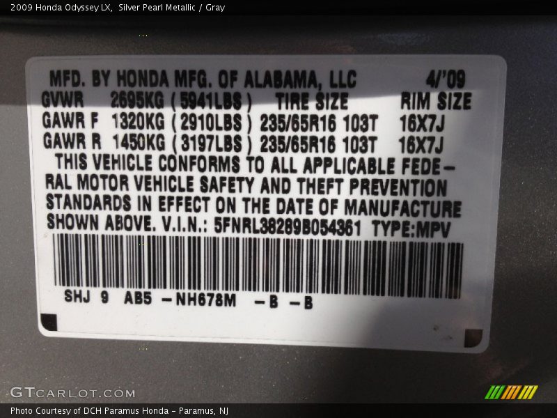 Silver Pearl Metallic / Gray 2009 Honda Odyssey LX