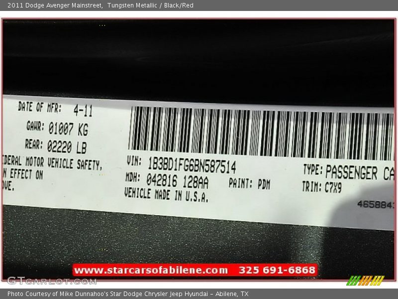 Tungsten Metallic / Black/Red 2011 Dodge Avenger Mainstreet