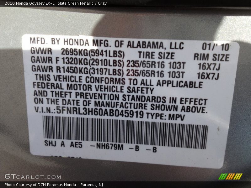 Slate Green Metallic / Gray 2010 Honda Odyssey EX-L