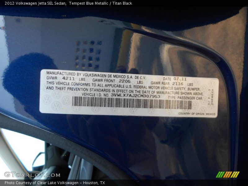 Tempest Blue Metallic / Titan Black 2012 Volkswagen Jetta SEL Sedan
