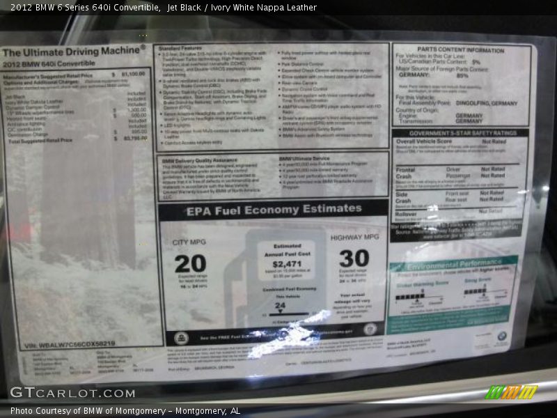 Jet Black / Ivory White Nappa Leather 2012 BMW 6 Series 640i Convertible