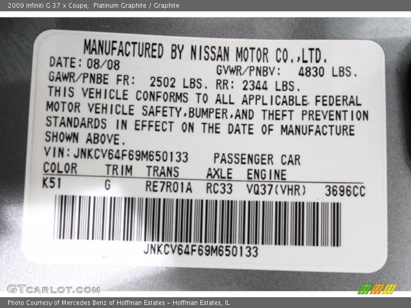 Platinum Graphite / Graphite 2009 Infiniti G 37 x Coupe
