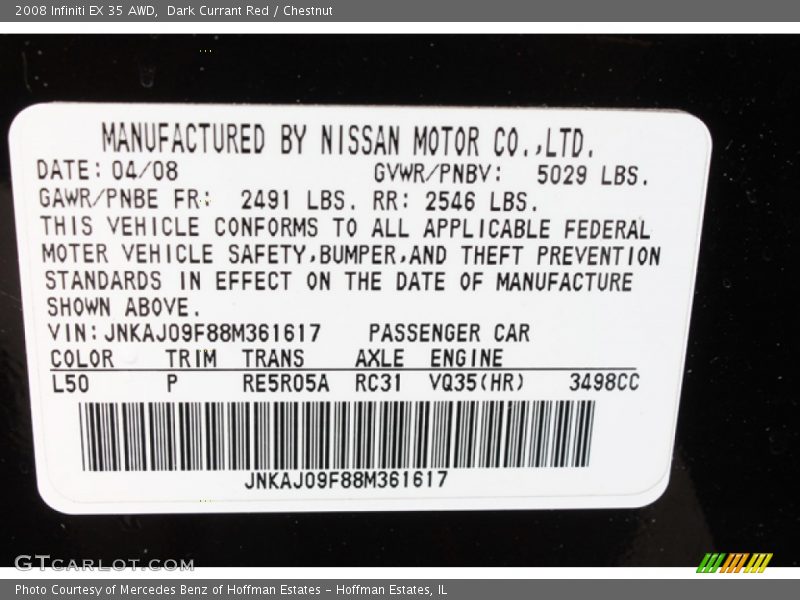 2008 EX 35 AWD Dark Currant Red Color Code L50