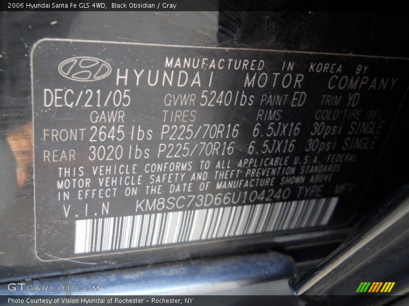 Black Obsidian / Gray 2006 Hyundai Santa Fe GLS 4WD