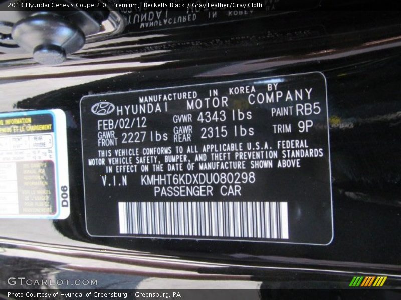 2013 Genesis Coupe 2.0T Premium Becketts Black Color Code RB5