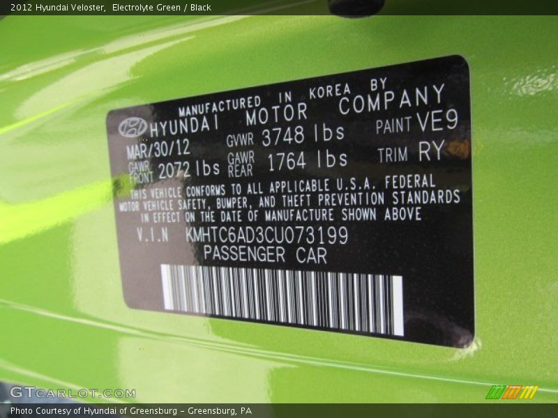2012 Veloster  Electrolyte Green Color Code VE9