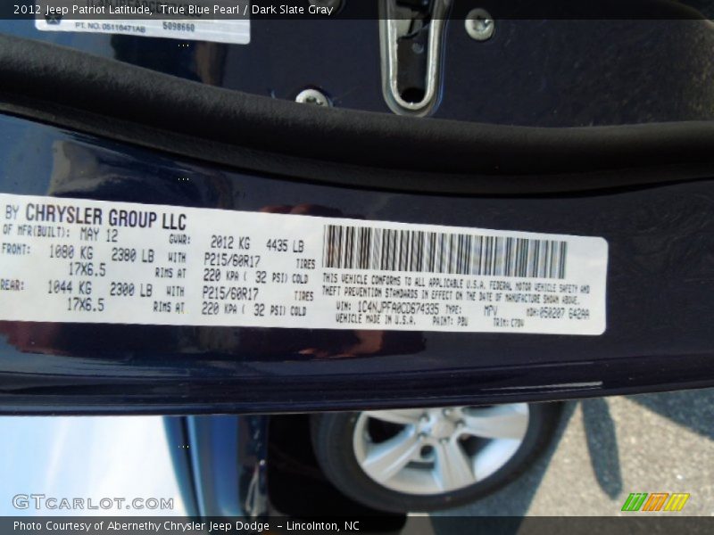 True Blue Pearl / Dark Slate Gray 2012 Jeep Patriot Latitude