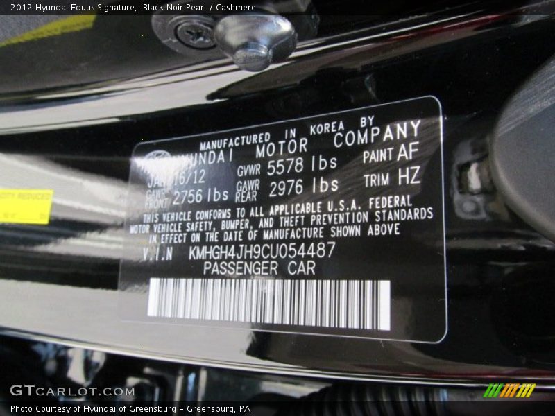 2012 Equus Signature Black Noir Pearl Color Code AF