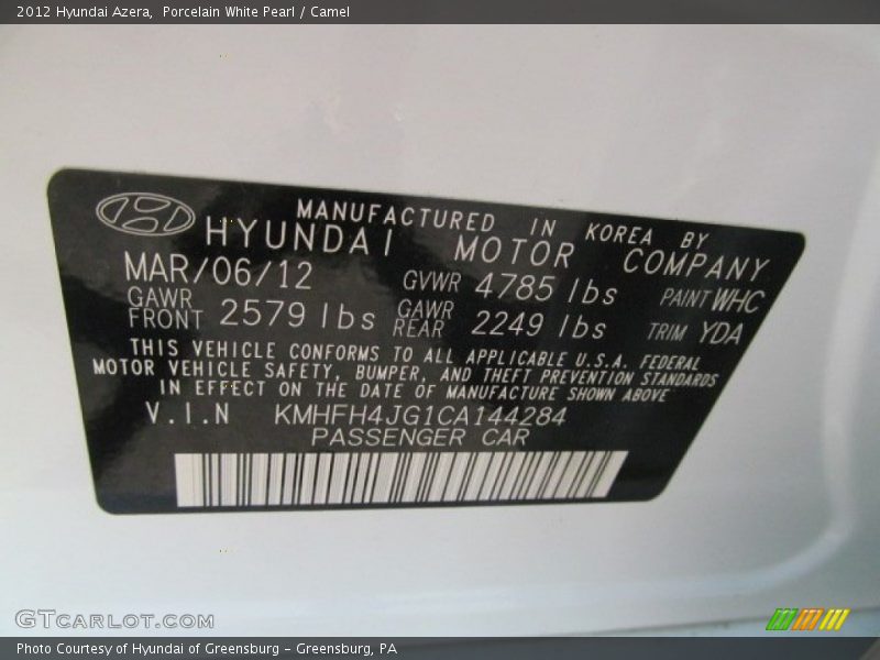 2012 Azera  Porcelain White Pearl Color Code WHC