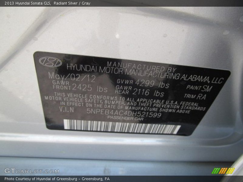 Radiant Silver / Gray 2013 Hyundai Sonata GLS