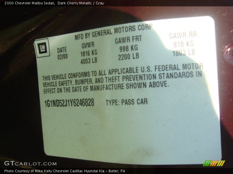 Dark Cherry Metallic / Gray 2000 Chevrolet Malibu Sedan